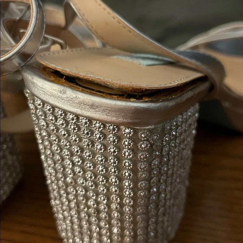 Betsey Johnson Zhara Silver Metallic Rhinestone Block Heel Sandals Size 11